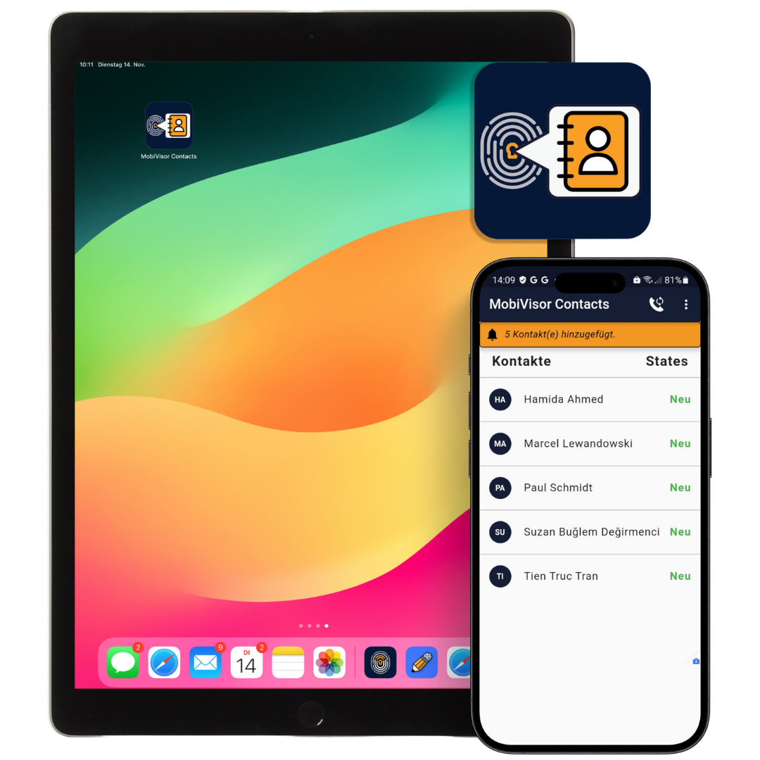 MobiVisor Contacts app showing centrally managed corporate contacts on mobile devices