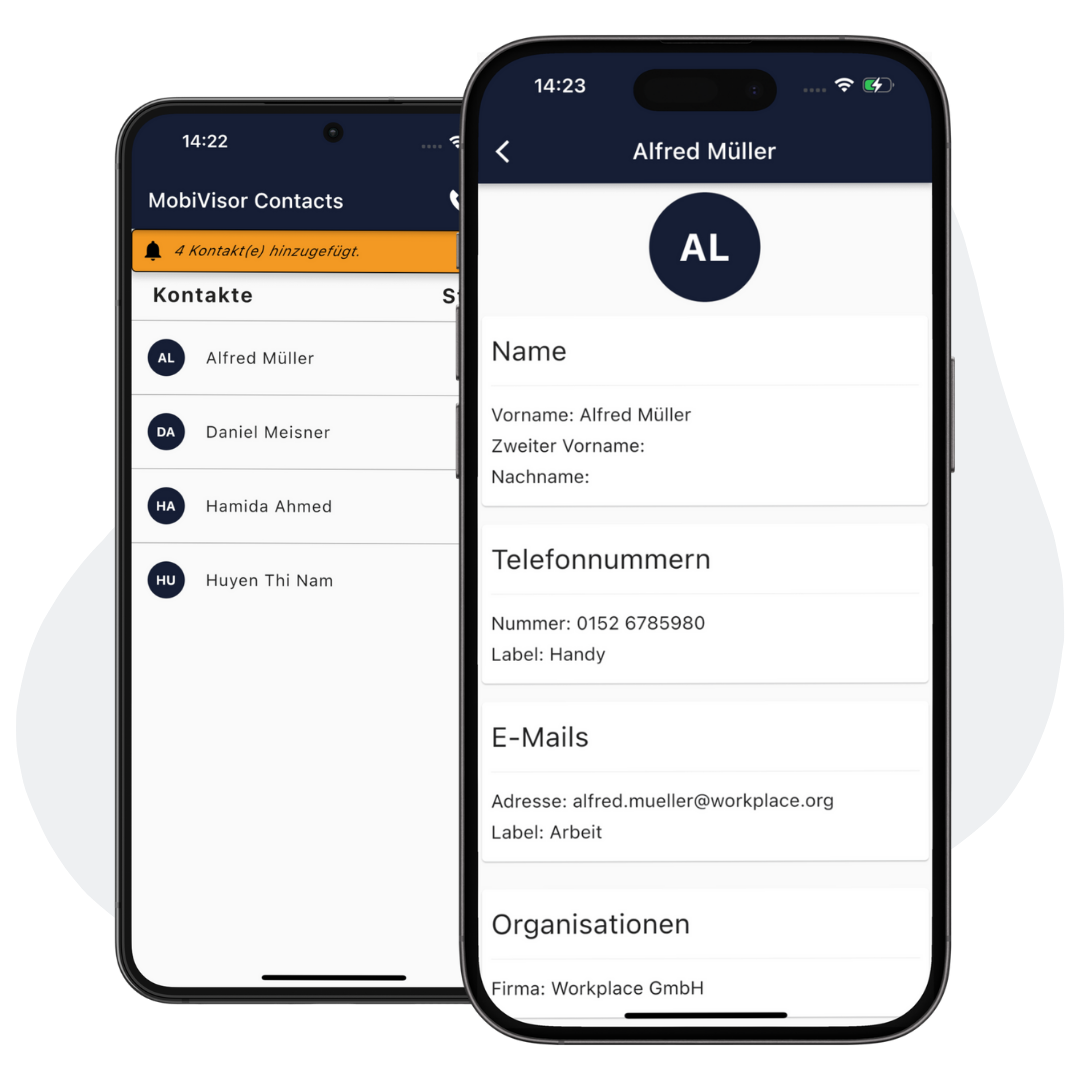 MobiVisor Contacts mobile contact management app showing synchronized corporate contacts on smartphones