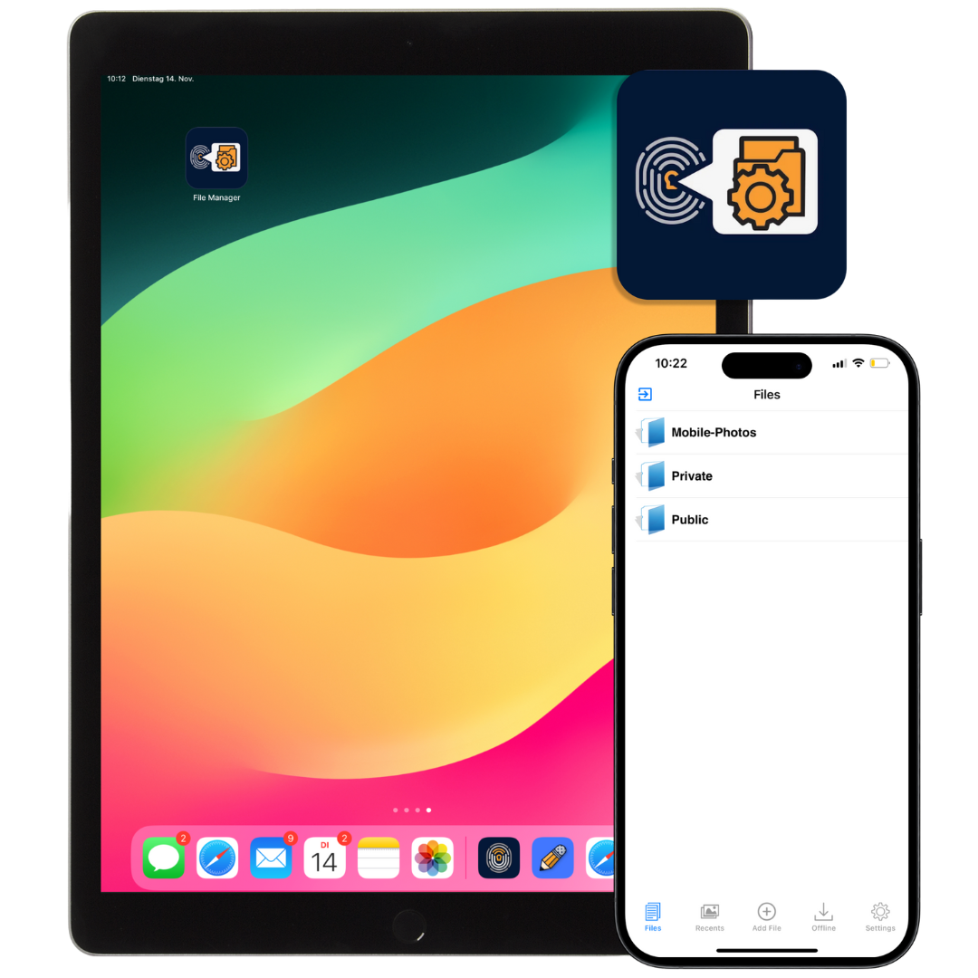 MobiVisor Files enterprise file management app shown on tablet and smartphone