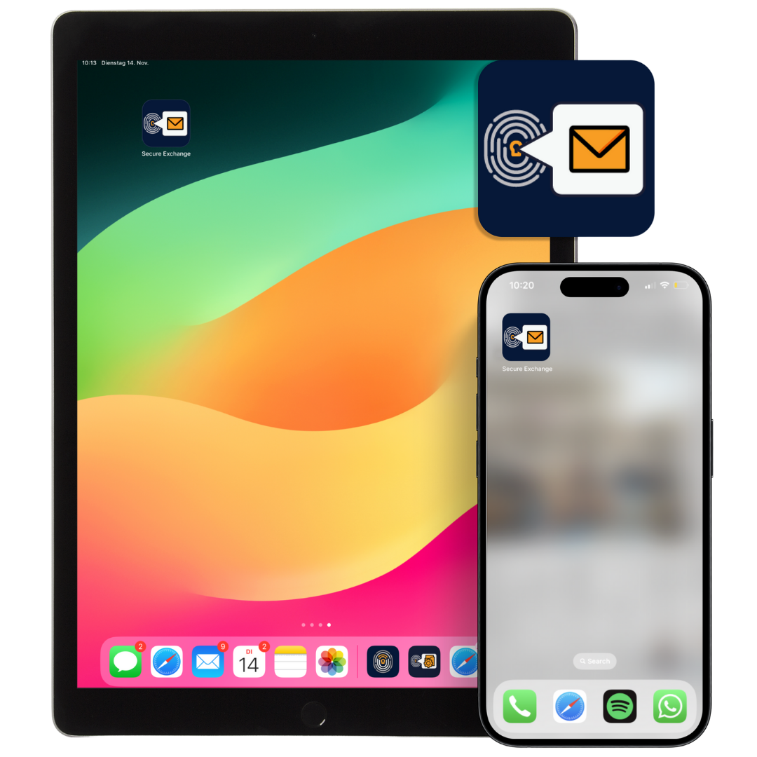 MobiVisor Secure Exchange secure business email app shown on tablet and smartphone for managed mobile devices
