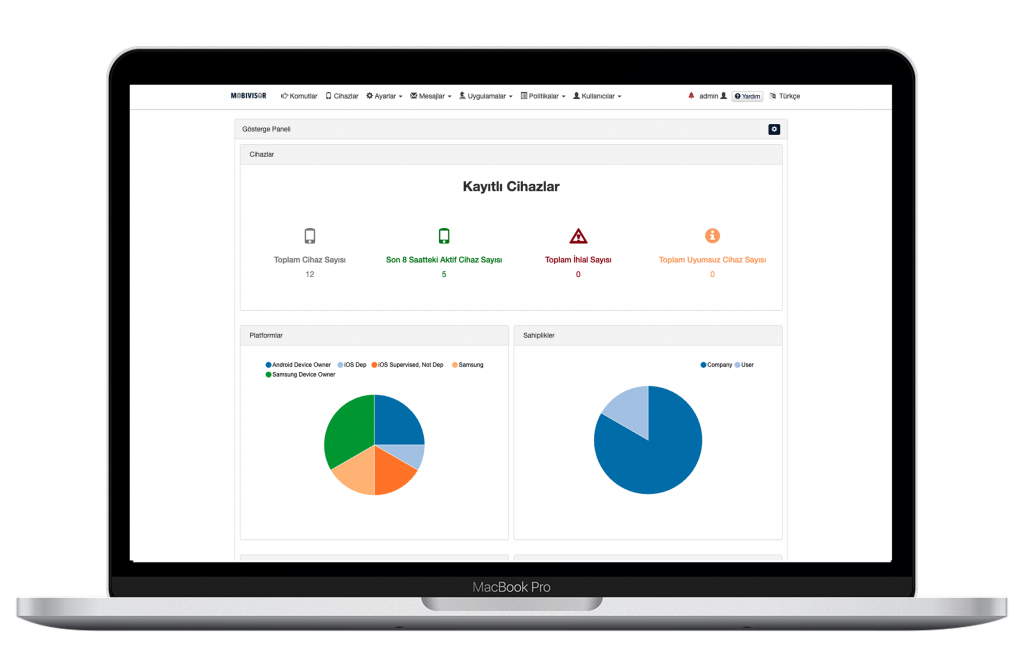 MobiVisor MDM kontrol paneli — Android, iOS, macOS ve Linux cihaz yönetimi