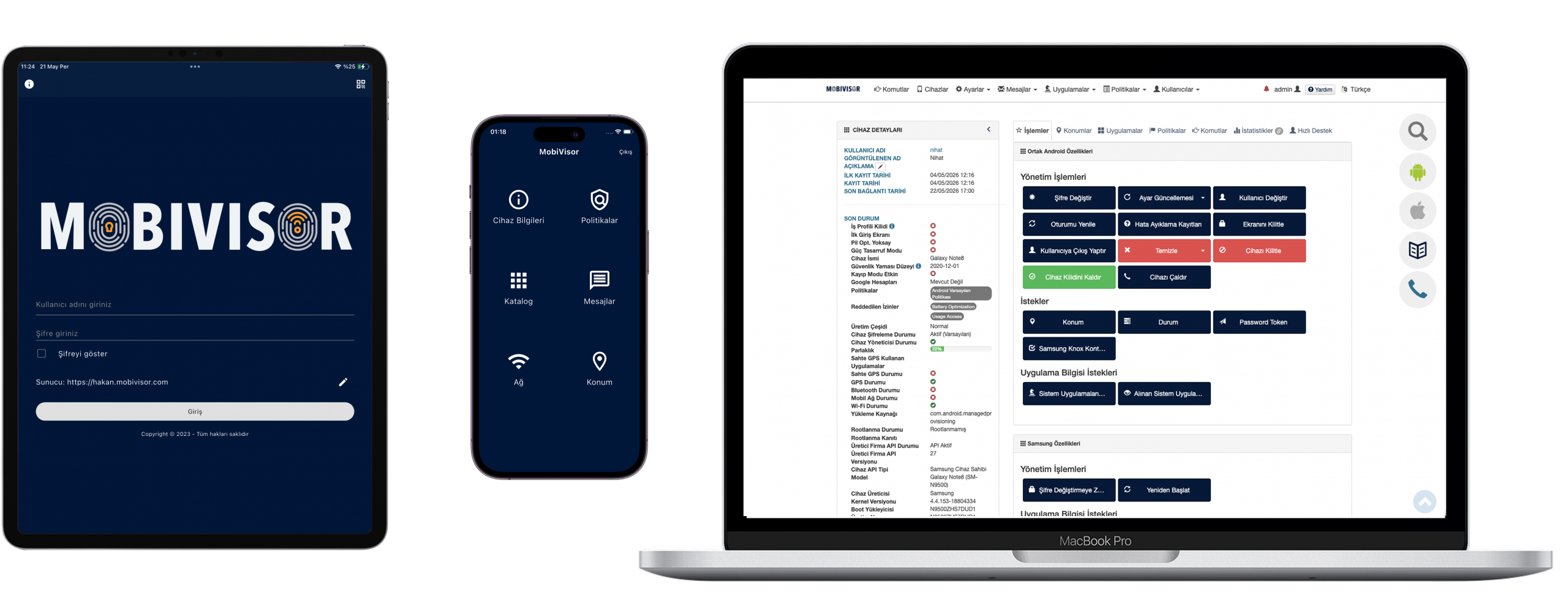 MobiVisor MDM kontrol paneli — Android, iOS ve Linux cihaz yönetimi ekranı